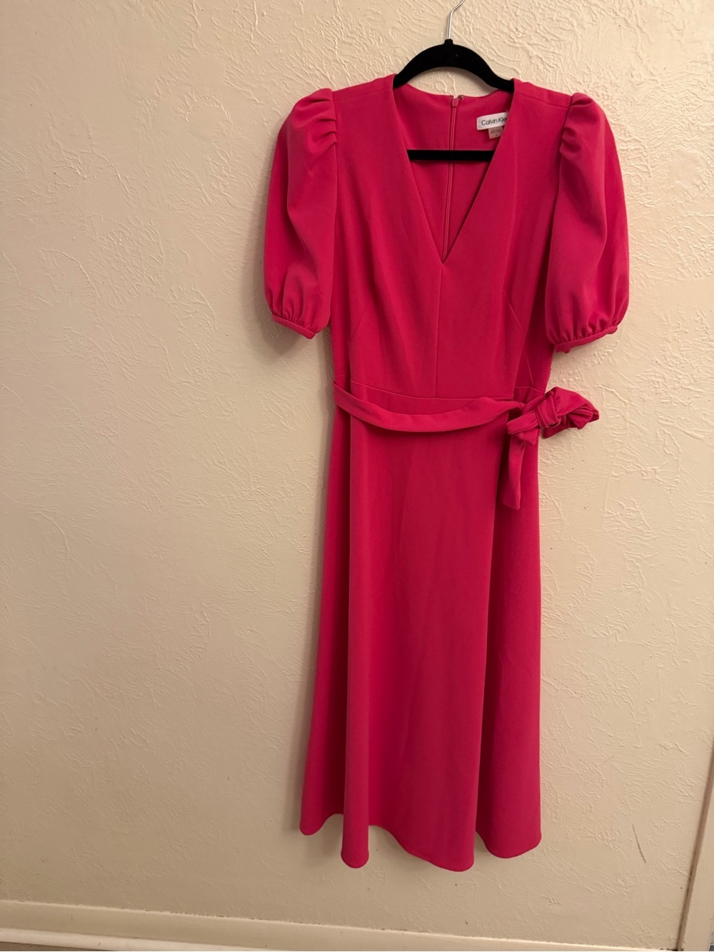 Calvin Klein Hot Pink V-Neck Puff Sleeve Midi Dress
